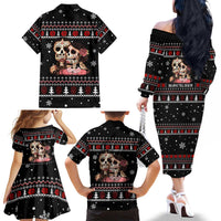 Skull Couple Christmas Family Matching Off The Shoulder Long Sleeve Dress and Hawaiian Shirt Xmas Holiday Patterns - Wonder Print Shop