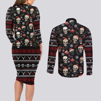 Skull Face Christmas Couples Matching Long Sleeve Bodycon Dress and Long Sleeve Button Shirt Xmas Holiday Patterns - Wonder Print Shop