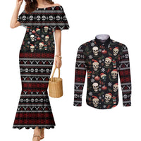 Skull Face Christmas Couples Matching Mermaid Dress and Long Sleeve Button Shirt Xmas Holiday Patterns - Wonder Print Shop