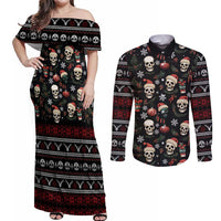 Skull Face Christmas Couples Matching Off Shoulder Maxi Dress and Long Sleeve Button Shirt Xmas Holiday Patterns - Wonder Print Shop