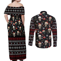 Skull Face Christmas Couples Matching Off Shoulder Maxi Dress and Long Sleeve Button Shirt Xmas Holiday Patterns - Wonder Print Shop