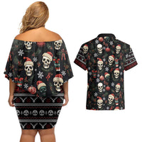 Skull Face Christmas Couples Matching Off Shoulder Short Dress and Hawaiian Shirt Xmas Holiday Patterns - Wonder Print Shop