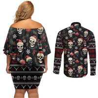 Skull Face Christmas Couples Matching Off Shoulder Short Dress and Long Sleeve Button Shirt Xmas Holiday Patterns - Wonder Print Shop