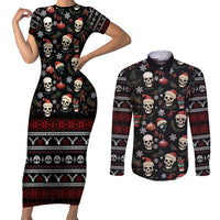 Skull Face Christmas Couples Matching Short Sleeve Bodycon Dress and Long Sleeve Button Shirt Xmas Holiday Patterns - Wonder Print Shop