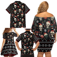 Skull Face Christmas Family Matching Off Shoulder Short Dress and Hawaiian Shirt Xmas Holiday Patterns - Wonder Print Shop