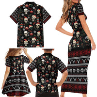 Skull Face Christmas Family Matching Short Sleeve Bodycon Dress and Hawaiian Shirt Xmas Holiday Patterns - Wonder Print Shop