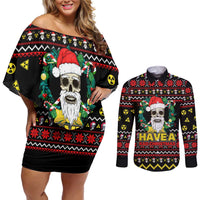 Skull Have A Rad Christmas Couples Matching Off Shoulder Short Dress and Long Sleeve Button Shirt Xmas Holiday Patterns - Wonder Print Shop