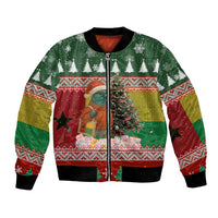 Guinea Bissau Christmas Bomber Jacket with Santa Penguin Christmas Tree and Red Green Yellow Snowflake - Wonder Print Shop