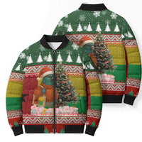 Guinea Bissau Christmas Bomber Puffer Jacket with Santa Penguin Christmas Tree and Red Green Yellow Snowflake - Wonder Print Shop