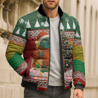 Guinea Bissau Christmas Bomber Puffer Jacket with Santa Penguin Christmas Tree and Red Green Yellow Snowflake - Wonder Print Shop