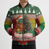 Guinea Bissau Christmas Bomber Puffer Jacket with Santa Penguin Christmas Tree and Red Green Yellow Snowflake - Wonder Print Shop