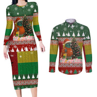 Guinea Bissau Christmas Couples Matching Long Sleeve Bodycon Dress and Long Sleeve Button Shirt with Santa Penguin Christmas Tree and Red Green Yellow Snowflake - Wonder Print Shop