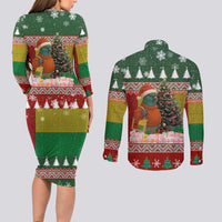 Guinea Bissau Christmas Couples Matching Long Sleeve Bodycon Dress and Long Sleeve Button Shirt with Santa Penguin Christmas Tree and Red Green Yellow Snowflake - Wonder Print Shop