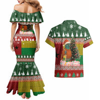 Guinea Bissau Christmas Couples Matching Mermaid Dress and Hawaiian Shirt with Santa Penguin Christmas Tree and Red Green Yellow Snowflake - Wonder Print Shop