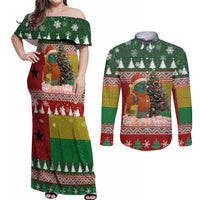 Guinea Bissau Christmas Couples Matching Off Shoulder Maxi Dress and Long Sleeve Button Shirt with Santa Penguin Christmas Tree and Red Green Yellow Snowflake - Wonder Print Shop