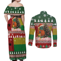 Guinea Bissau Christmas Couples Matching Off Shoulder Maxi Dress and Long Sleeve Button Shirt with Santa Penguin Christmas Tree and Red Green Yellow Snowflake - Wonder Print Shop