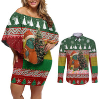 Guinea Bissau Christmas Couples Matching Off Shoulder Short Dress and Long Sleeve Button Shirt with Santa Penguin Christmas Tree and Red Green Yellow Snowflake - Wonder Print Shop