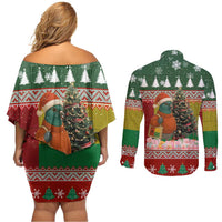 Guinea Bissau Christmas Couples Matching Off Shoulder Short Dress and Long Sleeve Button Shirt with Santa Penguin Christmas Tree and Red Green Yellow Snowflake - Wonder Print Shop