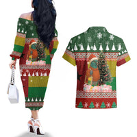Guinea Bissau Christmas Couples Matching Off The Shoulder Long Sleeve Dress and Hawaiian Shirt with Santa Penguin Christmas Tree and Red Green Yellow Snowflake - Wonder Print Shop