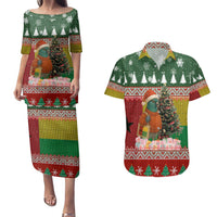 Guinea Bissau Christmas Couples Matching Puletasi and Hawaiian Shirt with Santa Penguin Christmas Tree and Red Green Yellow Snowflake - Wonder Print Shop