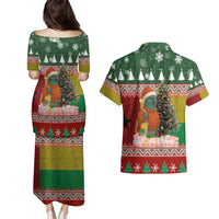 Guinea Bissau Christmas Couples Matching Puletasi and Hawaiian Shirt with Santa Penguin Christmas Tree and Red Green Yellow Snowflake - Wonder Print Shop