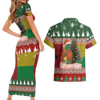 Guinea Bissau Christmas Couples Matching Short Sleeve Bodycon Dress and Hawaiian Shirt with Santa Penguin Christmas Tree and Red Green Yellow Snowflake - Wonder Print Shop