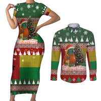 Guinea Bissau Christmas Couples Matching Short Sleeve Bodycon Dress and Long Sleeve Button Shirt with Santa Penguin Christmas Tree and Red Green Yellow Snowflake - Wonder Print Shop