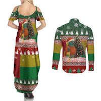 Guinea Bissau Christmas Couples Matching Summer Maxi Dress and Long Sleeve Button Shirt with Santa Penguin Christmas Tree and Red Green Yellow Snowflake - Wonder Print Shop