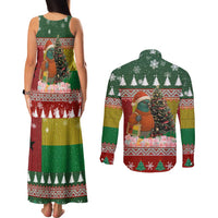 Guinea Bissau Christmas Couples Matching Tank Maxi Dress and Long Sleeve Button Shirt with Santa Penguin Christmas Tree and Red Green Yellow Snowflake - Wonder Print Shop