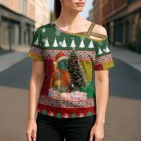 Guinea Bissau Christmas Cross Shoulder Shirt with Santa Penguin Christmas Tree and Red Green Yellow Snowflake - Wonder Print Shop