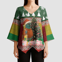 Guinea Bissau Christmas Kimono Sleeve Blouse with Santa Penguin Christmas Tree and Red Green Yellow Snowflake - Wonder Print Shop