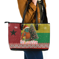 Guinea Bissau Christmas Leather Tote Bag with Santa Penguin Christmas Tree and Red Green Yellow Snowflake - Wonder Print Shop