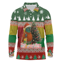Guinea Bissau Christmas Long Sleeve Polo Shirt with Santa Penguin Christmas Tree and Red Green Yellow Snowflake - Wonder Print Shop