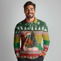 Guinea Bissau Christmas Long Sleeve Polo Shirt with Santa Penguin Christmas Tree and Red Green Yellow Snowflake - Wonder Print Shop