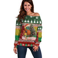 Guinea Bissau Christmas Off Shoulder Sweater with Santa Penguin Christmas Tree and Red Green Yellow Snowflake - Wonder Print Shop