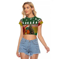 Guinea Bissau Christmas Raglan Cropped T Shirt with Santa Penguin Christmas Tree and Red Green Yellow Snowflake - Wonder Print Shop