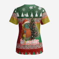 Guinea Bissau Christmas Scrub Top with Santa Penguin Christmas Tree and Red Green Yellow Snowflake - Wonder Print Shop