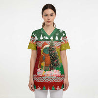 Guinea Bissau Christmas Scrub Top with Santa Penguin Christmas Tree and Red Green Yellow Snowflake - Wonder Print Shop