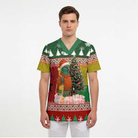 Guinea Bissau Christmas Scrub Top with Santa Penguin Christmas Tree and Red Green Yellow Snowflake - Wonder Print Shop