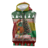 Guinea Bissau Christmas Sleeveless Zip Hoodie with Santa Penguin Christmas Tree and Red Green Yellow Snowflake - Wonder Print Shop