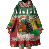 Guinea Bissau Christmas Wearable Blanket Hoodie with Santa Penguin Christmas Tree and Red Green Yellow Snowflake - Wonder Print Shop