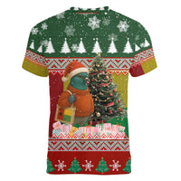 Guinea Bissau Christmas Women V-Neck T-Shirt with Santa Penguin Christmas Tree and Red Green Yellow Snowflake - Wonder Print Shop