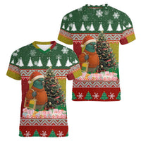 Guinea Bissau Christmas Women V-Neck T-Shirt with Santa Penguin Christmas Tree and Red Green Yellow Snowflake - Wonder Print Shop