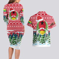 Guinea Bissau Christmas Couples Matching Long Sleeve Bodycon Dress and Hawaiian Shirt with Santa Sleigh Reindeer Forest and National Flag Design - Wonder Print Shop