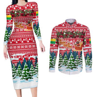 Guinea Bissau Christmas Couples Matching Long Sleeve Bodycon Dress and Long Sleeve Button Shirt with Santa Sleigh Reindeer Forest and National Flag Design - Wonder Print Shop