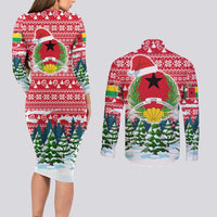 Guinea Bissau Christmas Couples Matching Long Sleeve Bodycon Dress and Long Sleeve Button Shirt with Santa Sleigh Reindeer Forest and National Flag Design - Wonder Print Shop
