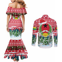 Guinea Bissau Christmas Couples Matching Mermaid Dress and Long Sleeve Button Shirt with Santa Sleigh Reindeer Forest and National Flag Design - Wonder Print Shop