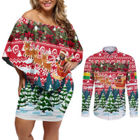 Guinea Bissau Christmas Couples Matching Off Shoulder Short Dress and Long Sleeve Button Shirt with Santa Sleigh Reindeer Forest and National Flag Design - Wonder Print Shop