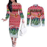 Guinea Bissau Christmas Couples Matching Off The Shoulder Long Sleeve Dress and Long Sleeve Button Shirt with Santa Sleigh Reindeer Forest and National Flag Design - Wonder Print Shop