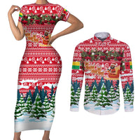 Guinea Bissau Christmas Couples Matching Short Sleeve Bodycon Dress and Long Sleeve Button Shirt with Santa Sleigh Reindeer Forest and National Flag Design - Wonder Print Shop